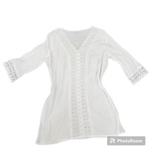 Blue Island Low Cut V-Neck White Semi-Sheer Embroidered Lace Beach Cover Tunic L